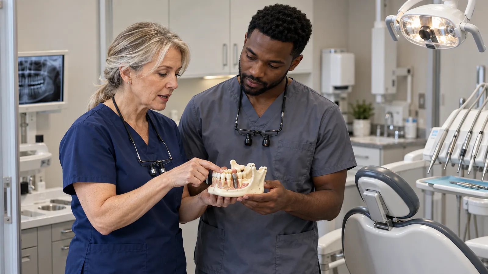 Two dentists review a dental implant case together during a mentorship discussion.